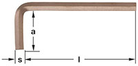 Image of an L-shaped hex key or allen wrench. Dimensions 'a', 's', and 'l' are labeled, indicating length of the shorter arm, thickness of the tool, and length of the longer arm.